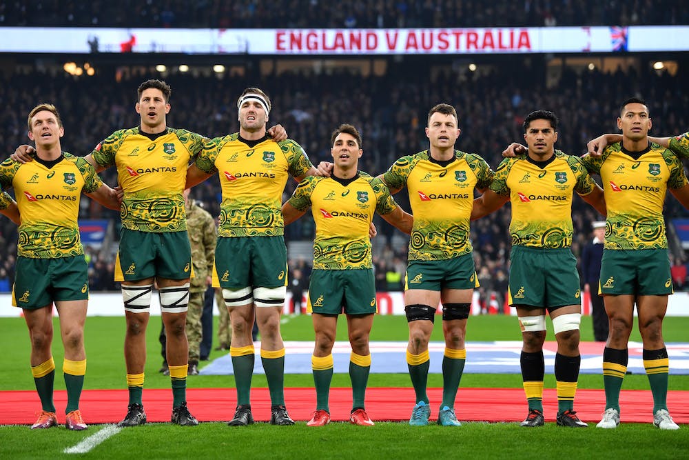 Wallabies during anthem at Twickenham. Photo: Getty Images.